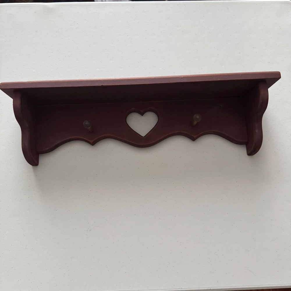 Vintage Cottagecore Farmhouse Wood Heart Wall Trinket Shelf Maroon Country Decor